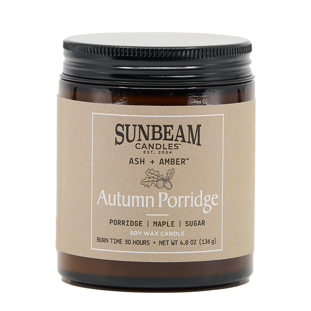 Sunbeam Candles Autumn Porridge candle jar on a white background