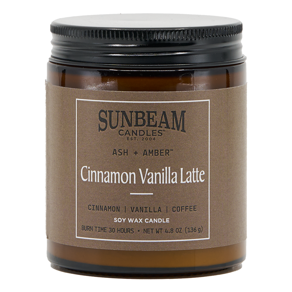 Sunbeam Candles Cinnamon Vanilla Latte candle with a brown label on a white background