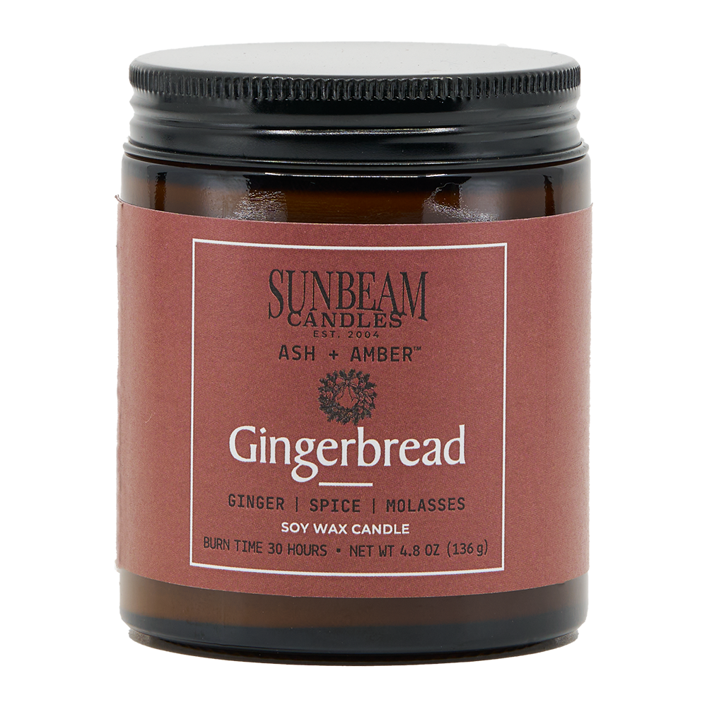 Sunbeam Candles Gingerbread candle with a red label on a white background