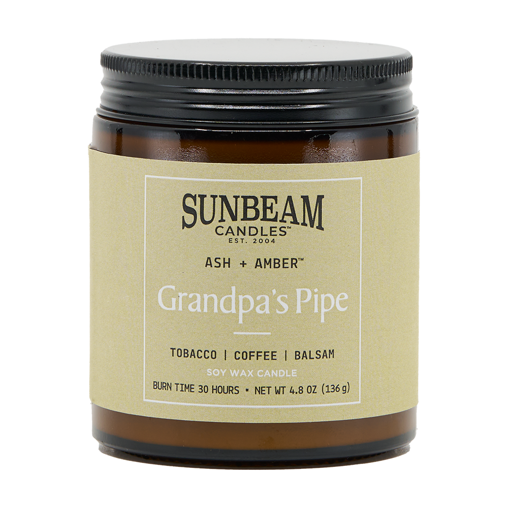 Sunbeam Candles 'Grandpa's Pipe' candle jar on a white background