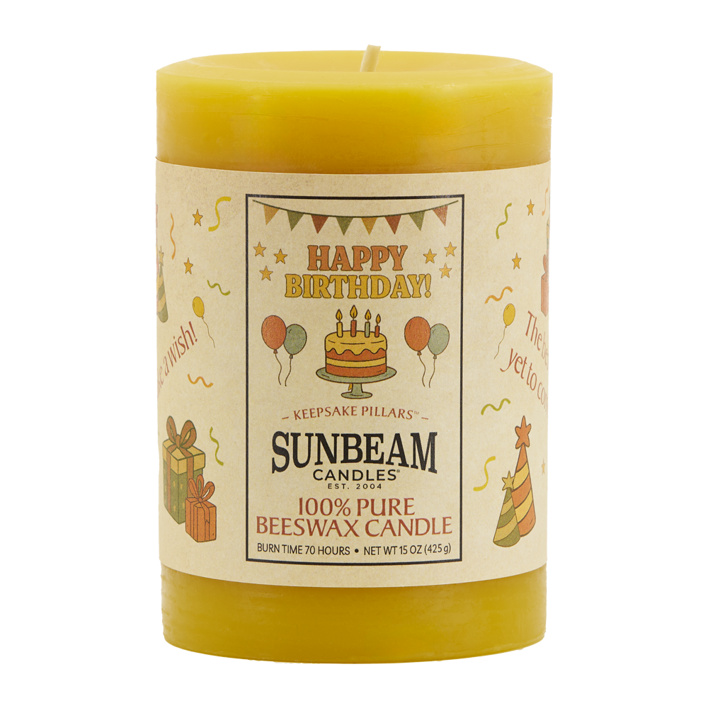 Sunbeam candles birthday candle with decorative label on a white background