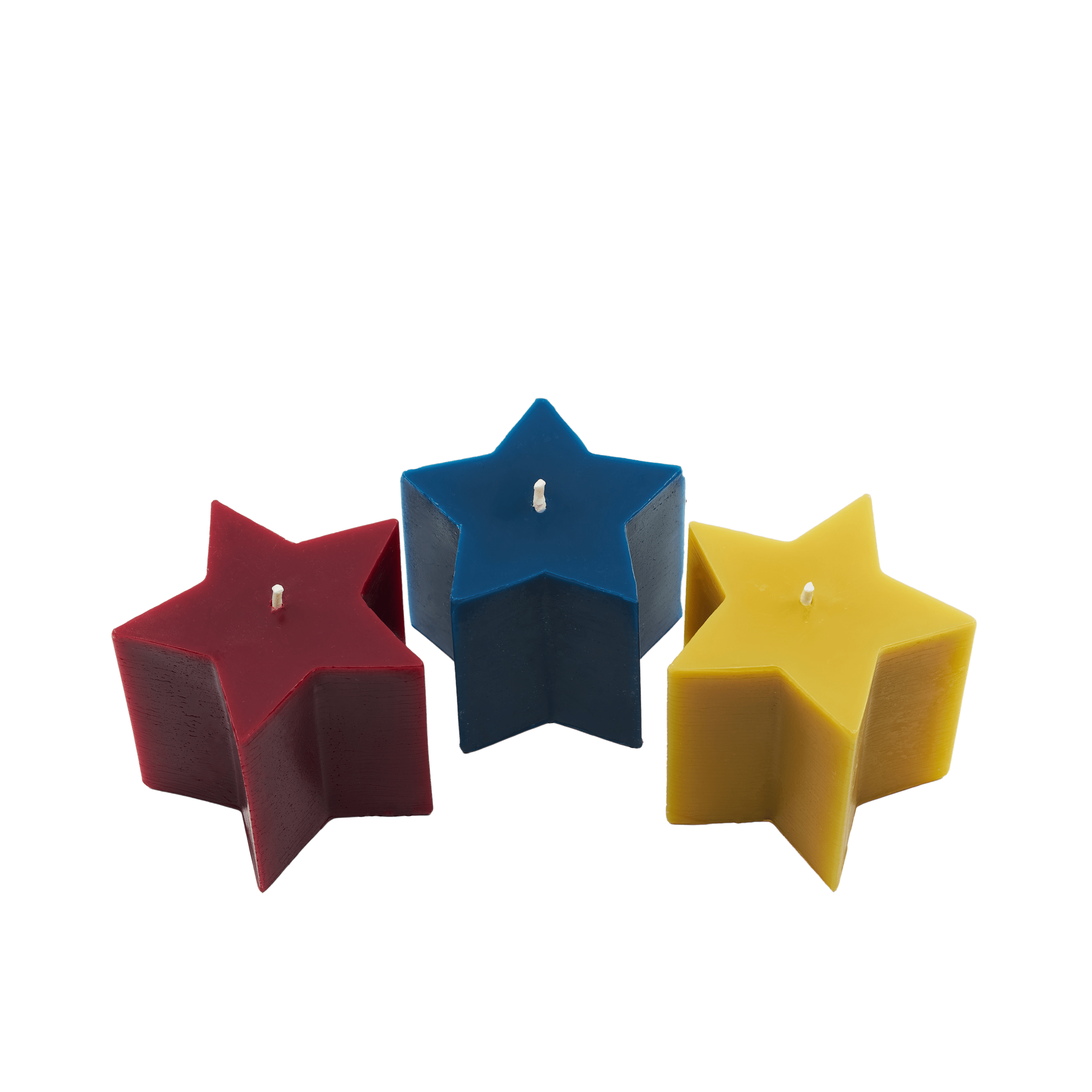 Three beeswax star candles in a row, one red, one blue, one natural. 