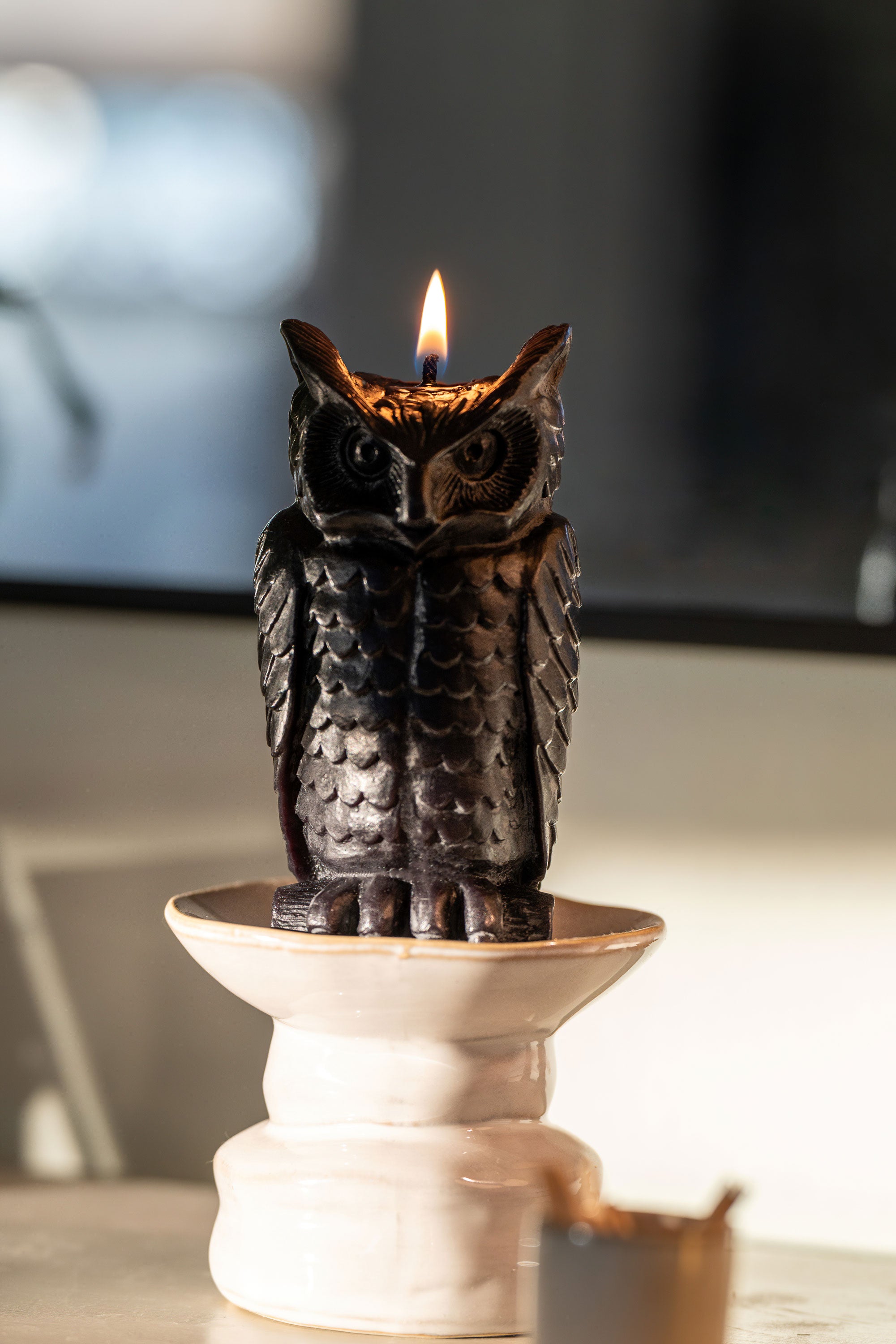 Black Wise Owl candle lit on holder