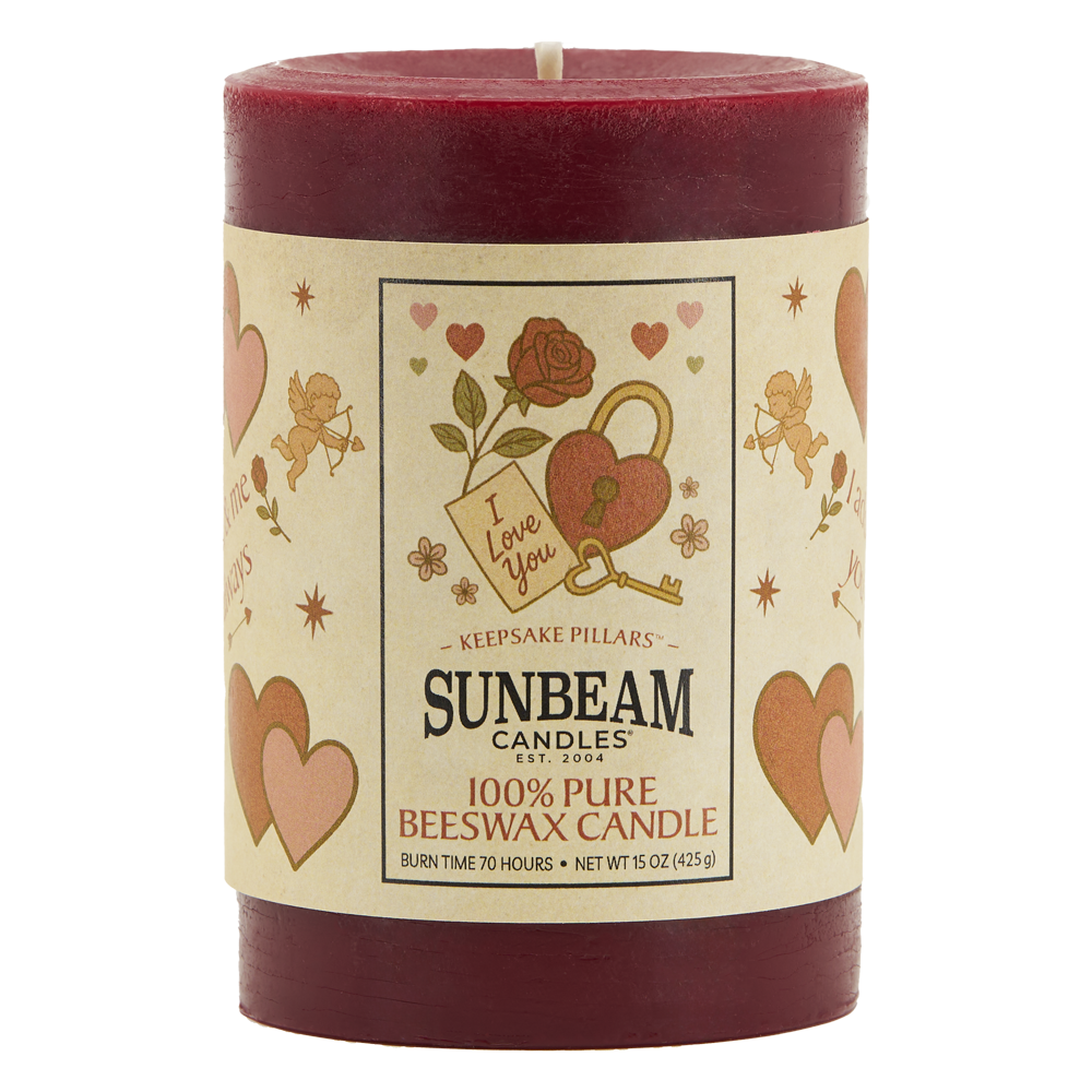 Sunbeam candles red Love Keepsake Beeswax pillar with decorative label on a white background