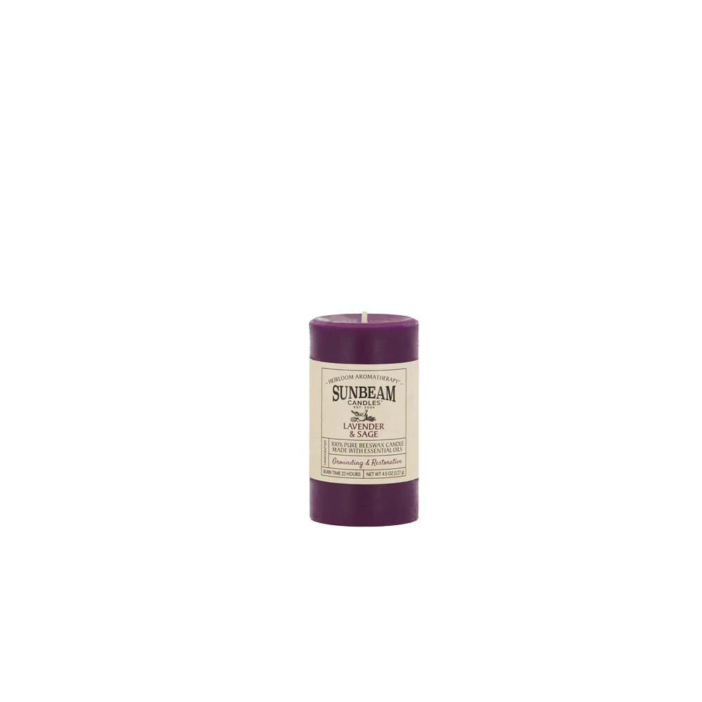 Sunbeam Candles purple Pure Beeswax Lavender & Sage 2"x3.25" pillar candle on a white background