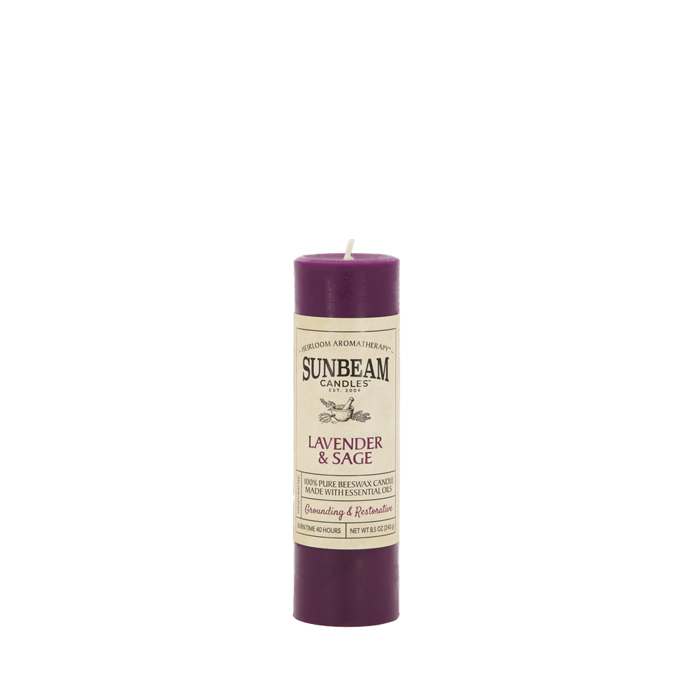 Sunbeam Candles purple Pure Beeswax Lavender & Sage 2"x6.25" pillar candle on a white background