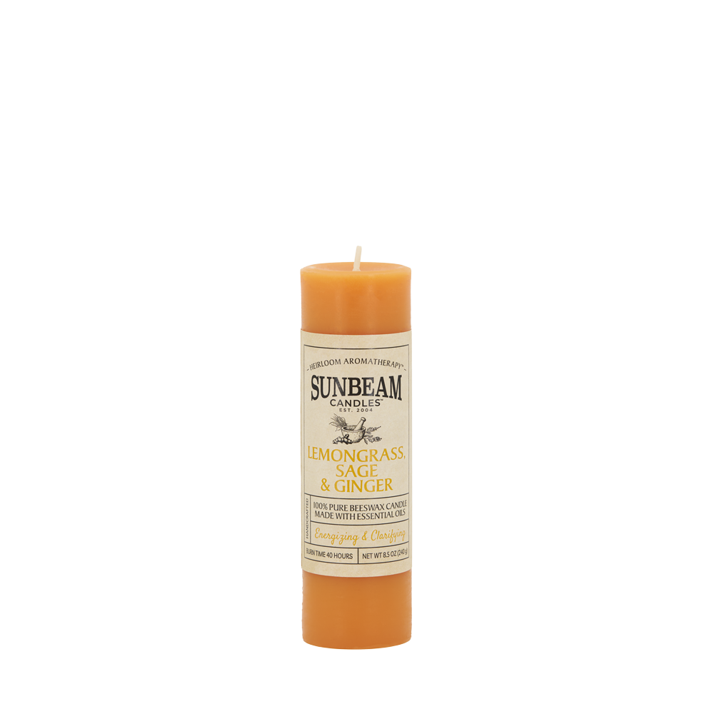 Sunbeam Candles Pure Beeswax saffron  Lemongrass, Sage & Ginger 2"x6.25" pillar candle with white background