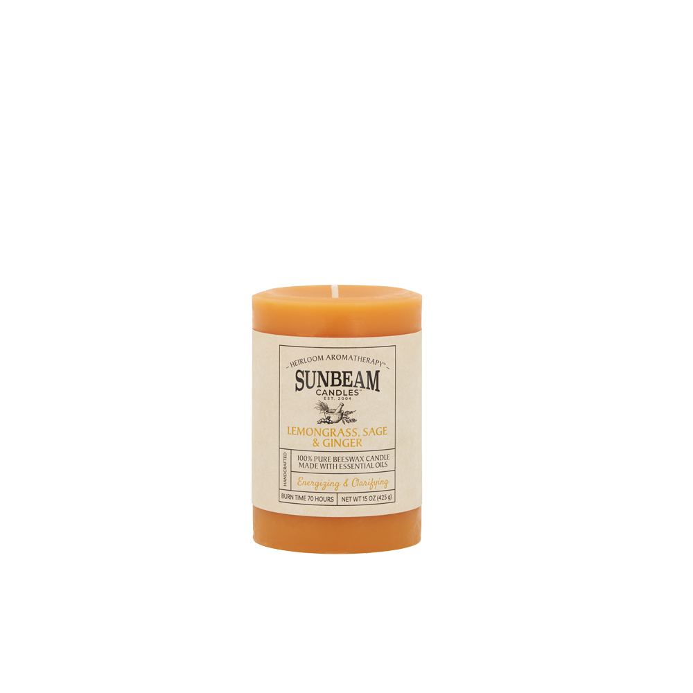 Sunbeam Candles Pure Beeswax saffron  Lemongrass, Sage & Ginger 3"x4.25" pillar candle with white background