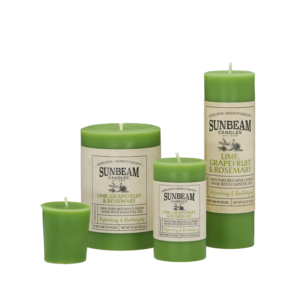 Sunbeam Candles Pure Beeswax Sage Green -  Lime, Grapefruit & Rosemary pillars and votive candles with white background