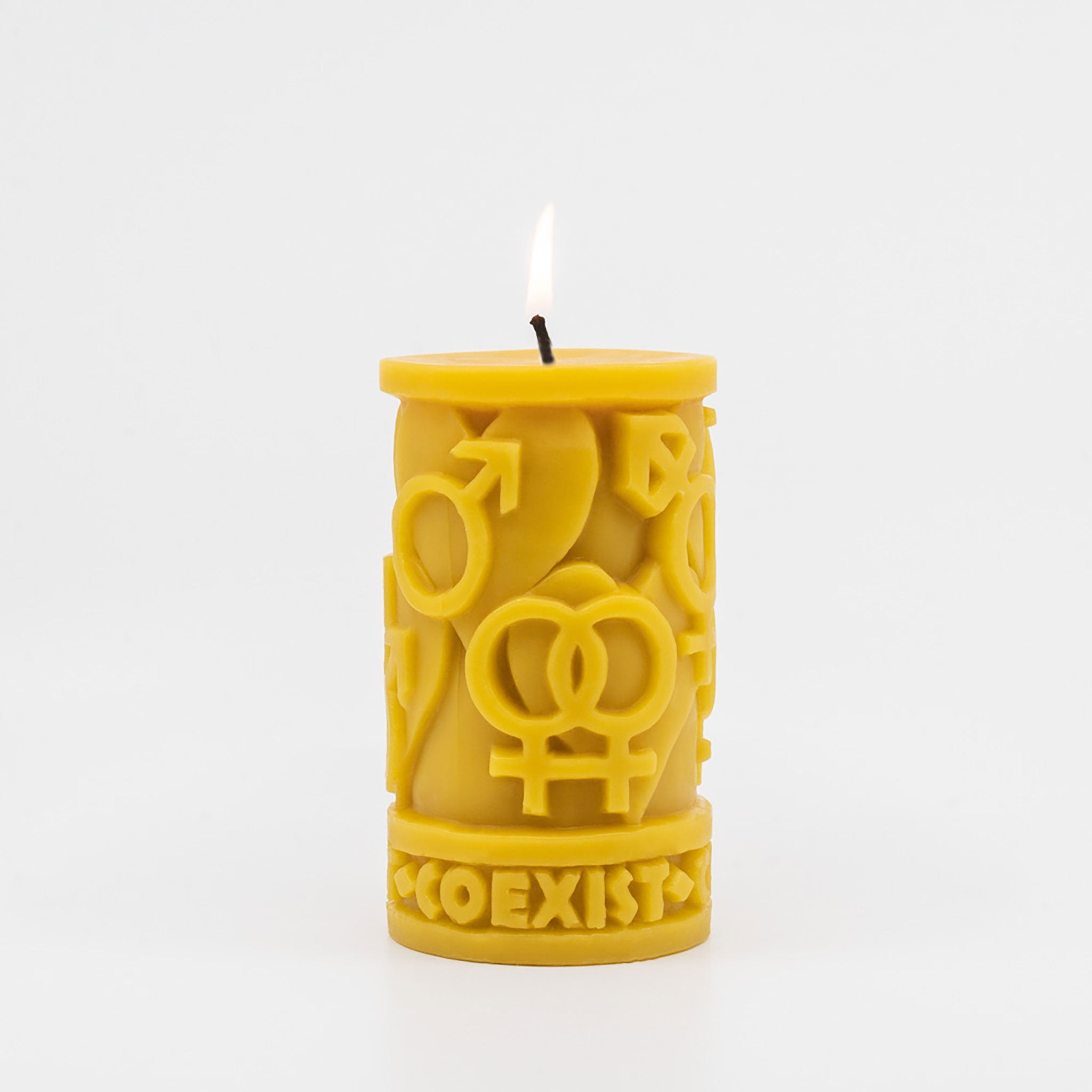 Natural-gold-yellow-Handcrafted-non-toxic-Unscented-100%-Beeswax-Candle-emergency-highest-rated-long-burning-carved-sculpted-coexist-in-love-lgbtq+-gender-equality-lesbian-trans-gay-unique-trending-home-gifts-bisexual-nonbinary-queer-homosexual