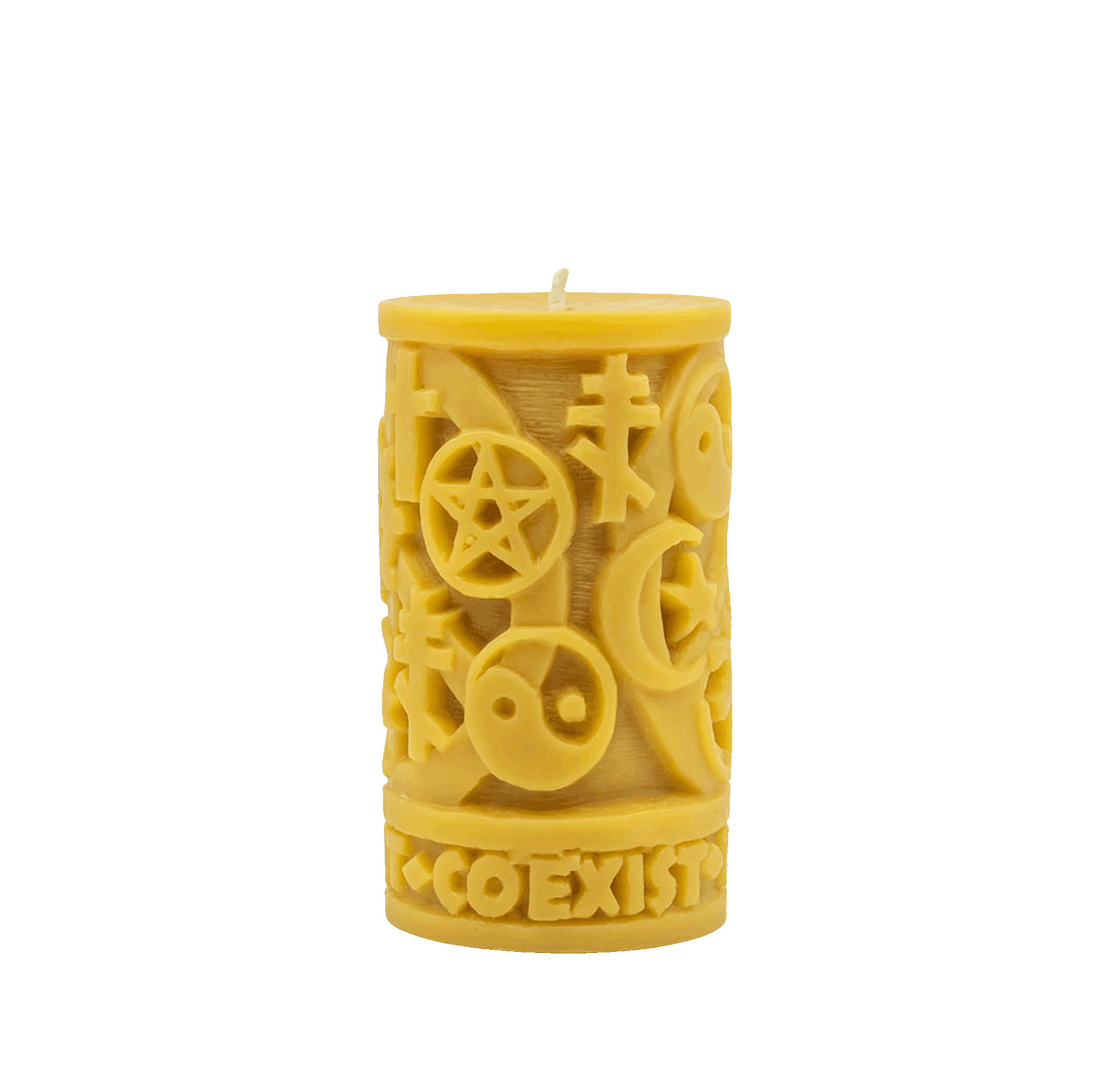 Natural-gold-yellow-Handcrafted-non-toxic-Unscented-100%-Beeswax-Candle-emergency-highest-rated-long-burning-carved-sculpted-coexist-in-peace-religious-symbols--unique-trending-home-gifts-judaism-christianity-isalam-buddhism-taoism-hinduism