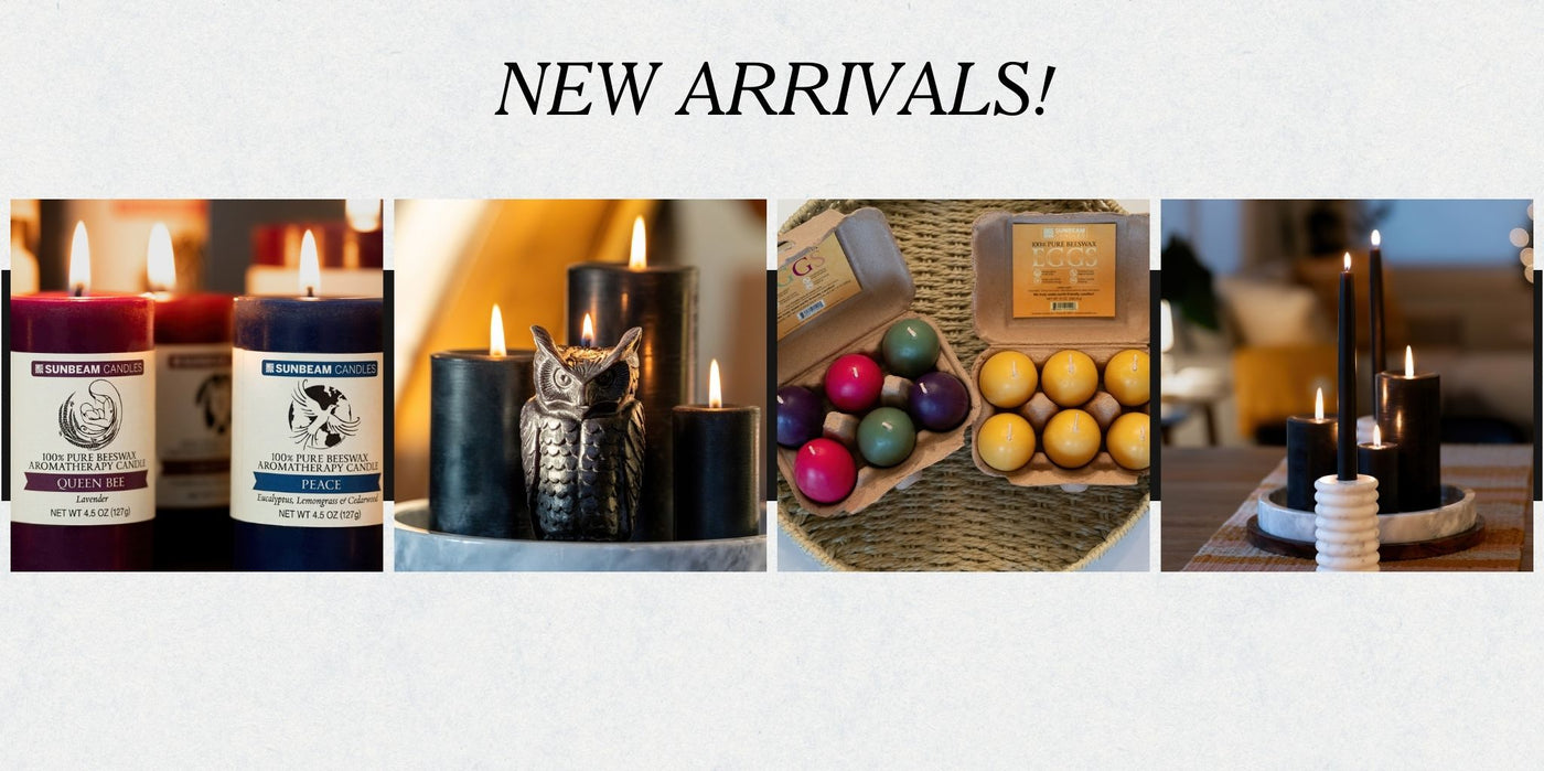 New arrivals! 2"x3.25" pillar aromatherapy candles, black pillar candles, black owl candle, mini egg candles, black tapers