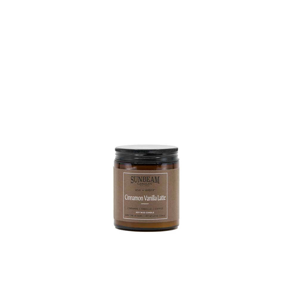 Sunbeam Candles Ash + Amber Cinnamon Vanilla Latte Soy Wax candle jar on a white background 