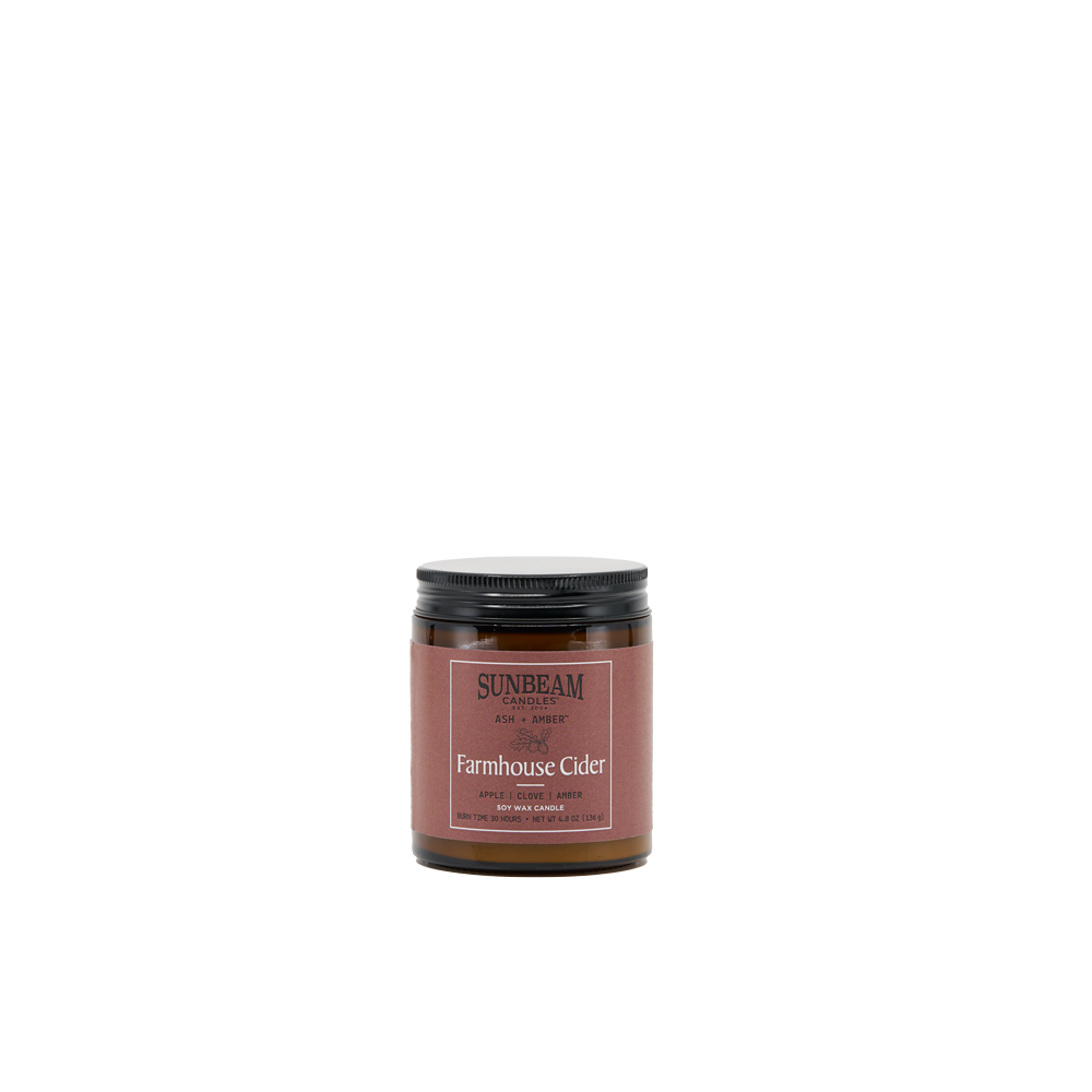 Sunbeam Candles Ash + Amber Fall Scent Farmhouse Cider Soy Wax jar candle on a white background 