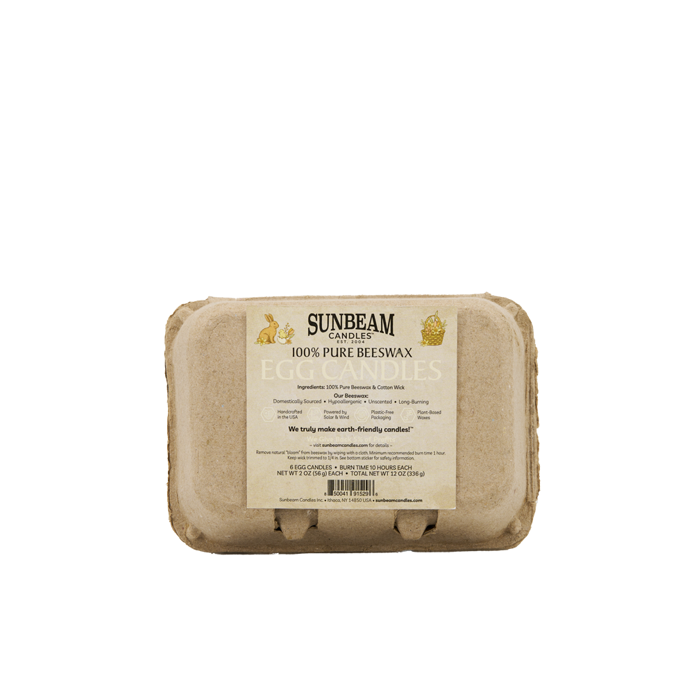 Sunbeam Candles Pure Beeswax 6-ct natural gold color Egg Candles in closed egg carton with label.