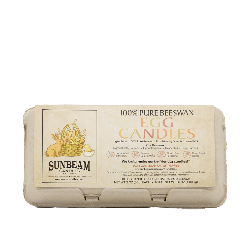 Sunbeam Candles Pure Beeswax 18-ct assorted color Egg Candles in closed egg carton with label.