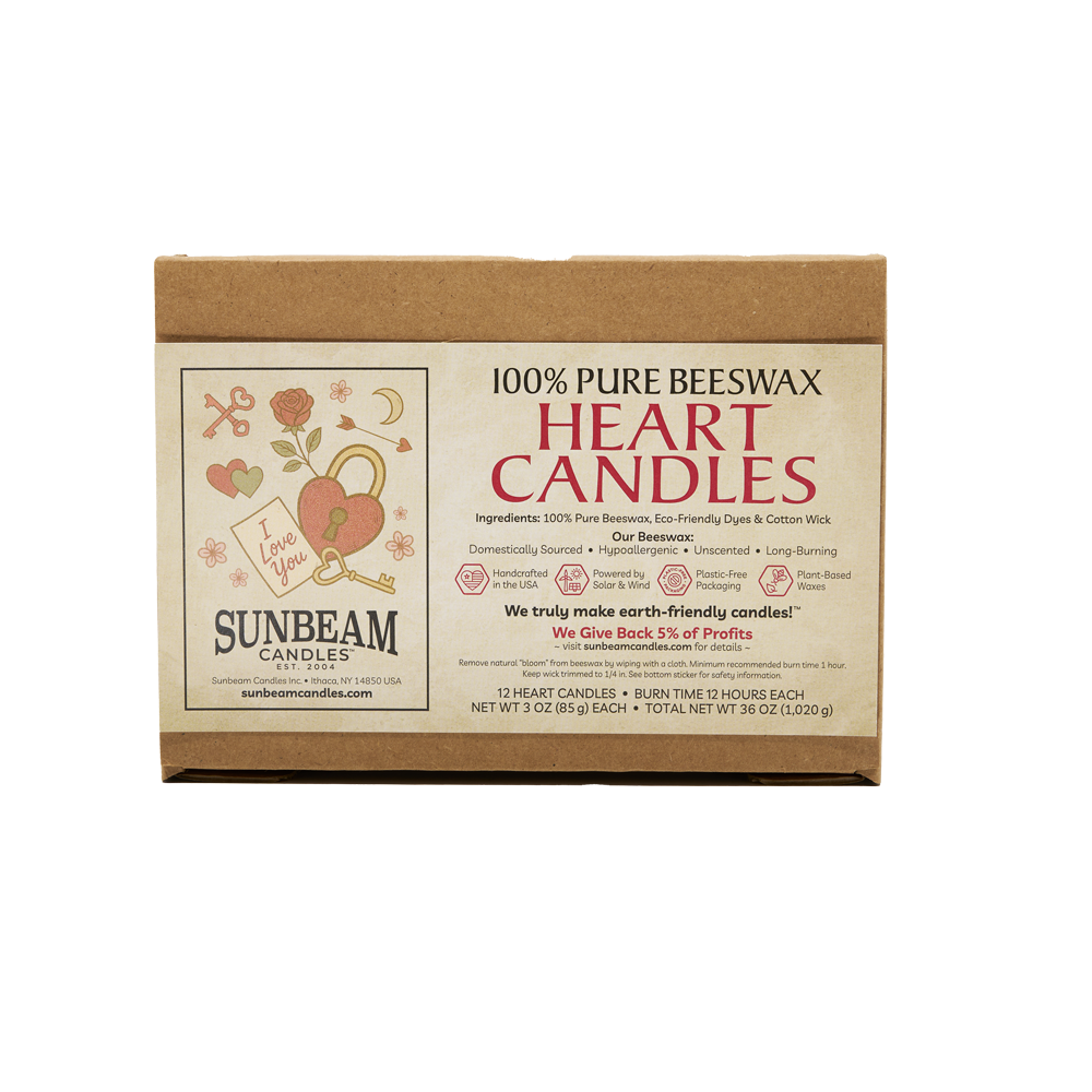 Closed 12-ct case of Sunbeam Candles red heart-shaped beeswax candles on a white background