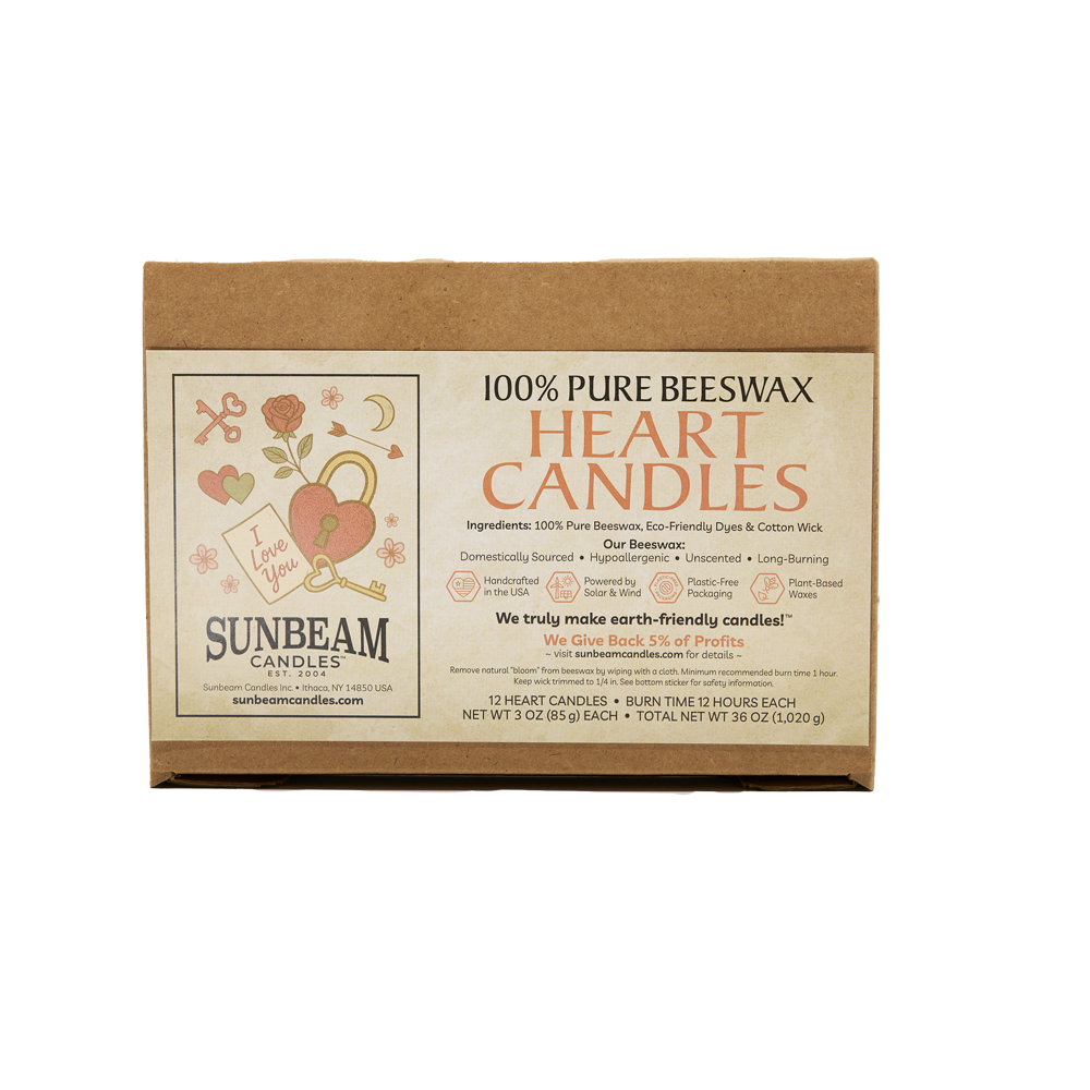 Closed 12-ct case of Sunbeam Candles 100% Pure Beeswax Small Pink Heart Candles on a white background.