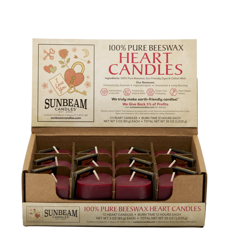 12-ct case of Sunbeam Candles 100% Pure Beeswax Small Red Heart Candles on a white background.