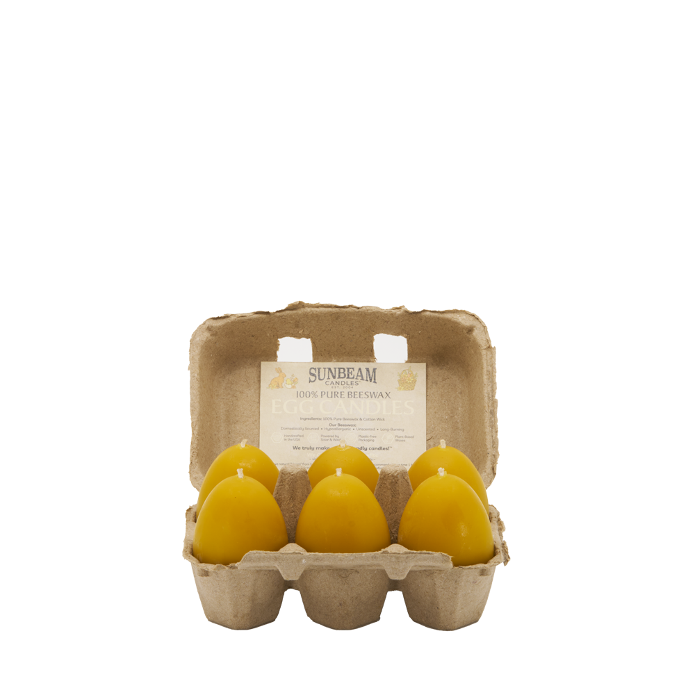 Sunbeam Candles Pure Beeswax 6-ct natural gold color Egg Candles in egg carton with label.