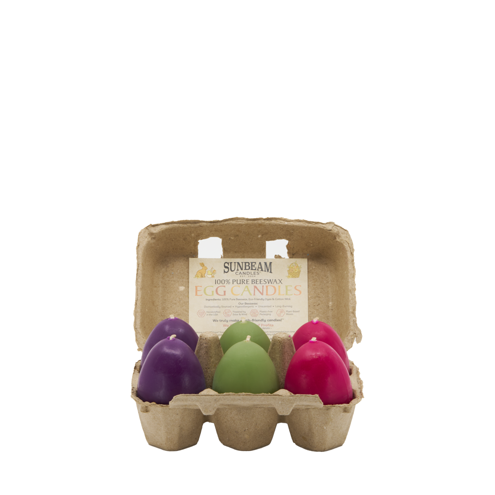 Sunbeam Candles Pure Beeswax 6-ct assorted color Egg Candles in egg carton with label.