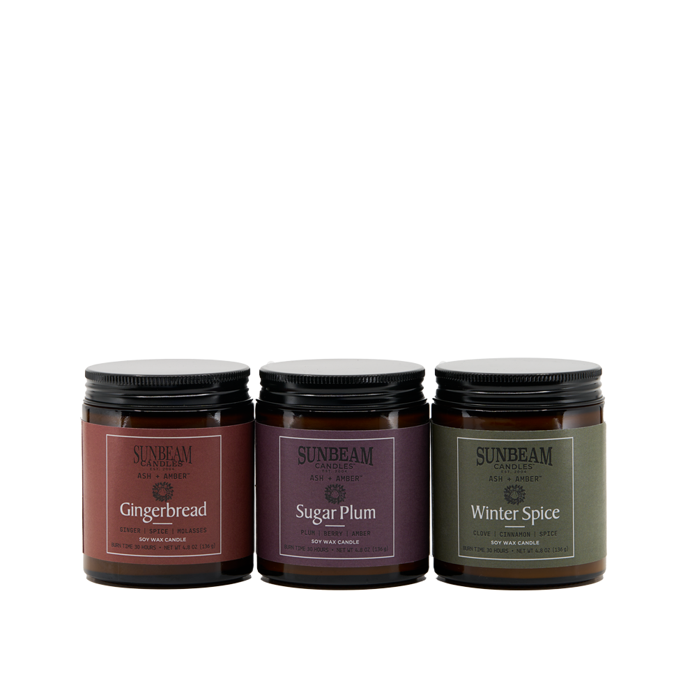 Sunbeam Candles Ash + Amber Winter Scent Soy Wax jar candles on a white background 