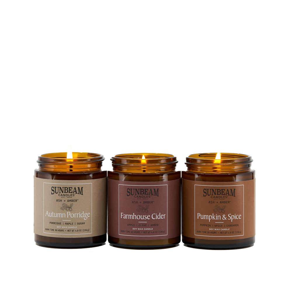 Sunbeam Candles Ash + Amber lit Fall Scent Soy Wax jar candles on a white background 