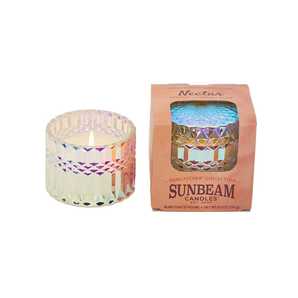 Sunbeam Candles SunCatcher Nectar scent apricot, coconut & soy wax iridescent container candle in box with lit version next to the box with white background