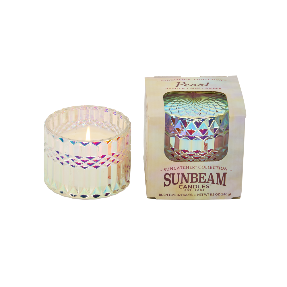 Sunbeam Candles SunCatcher Pearl scent apricot, coconut & soy wax iridescent container candle in box with lit container next to it with white background