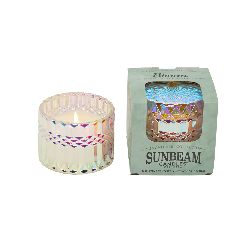 Sunbeam Candles SunCatcher Bloom scent apricot, coconut & soy wax container candle in box and one outside the box lit with white background