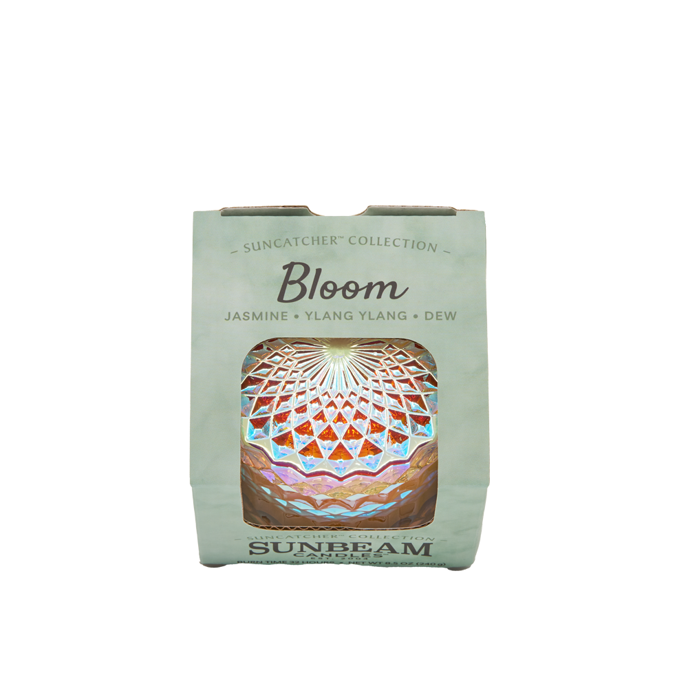 Sunbeam Candles SunCatcher Bloom scent apricot, coconut & soy wax container candle in box with white background