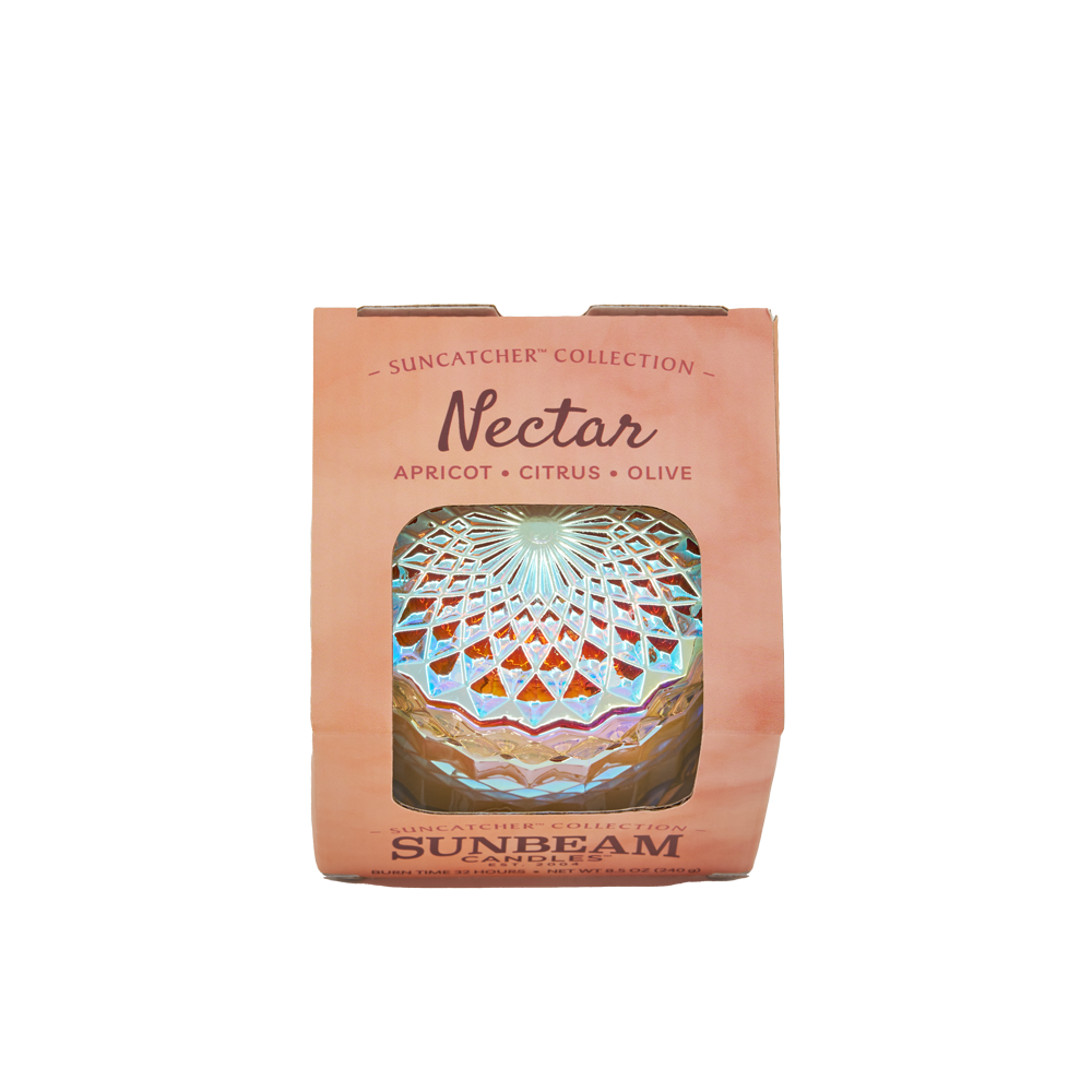 Sunbeam Candles SunCatcher Nectar scent apricot, coconut & soy wax iridescent container candle in box with white background