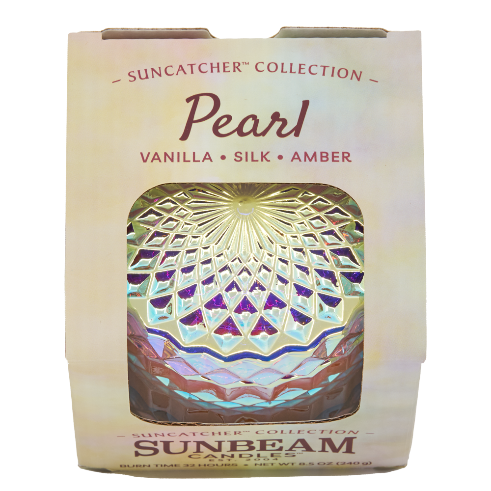 Sunbeam candle packaging with suncatcher design and 'Pearl' flavor description.