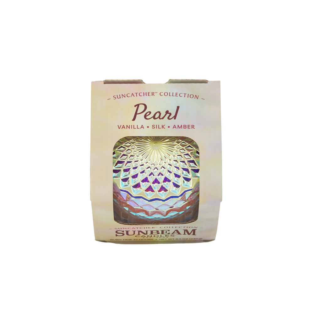 Sunbeam Candles SunCatcher Pearl scent apricot, coconut & soy wax iridescent container candle in box with white background