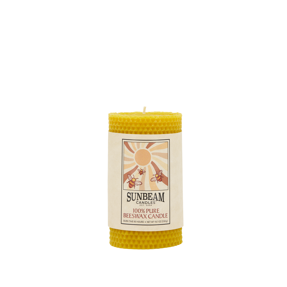 Sunbeam Candles Beeswax Honeycomb 3"x6" Natural Gold Pillar with a white background.