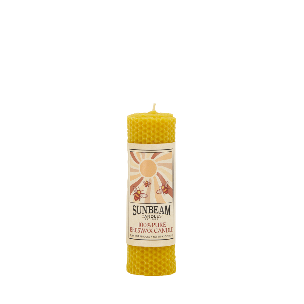 Sunbeam Candles Beeswax Honeycomb 2"x6" Natural Gold Pillar with a white background.