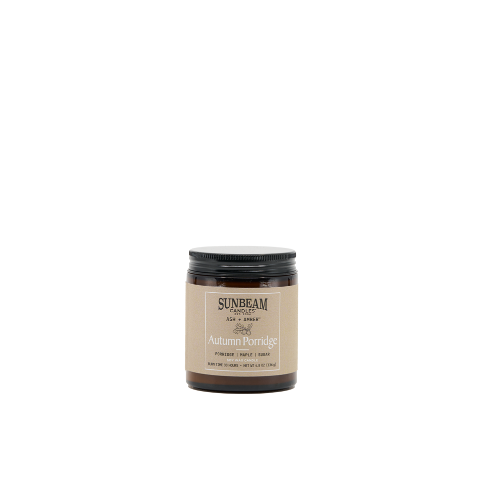Sunbeam Candles Ash + Amber Fall Scent Autumn Porridge Soy Wax jar candle on a white background 