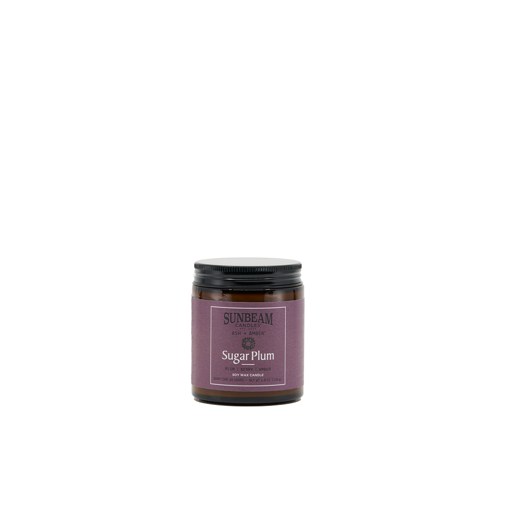 Sunbeam Candles Ash + Amber Sugar Plum Soy Wax jar candle on a white background 