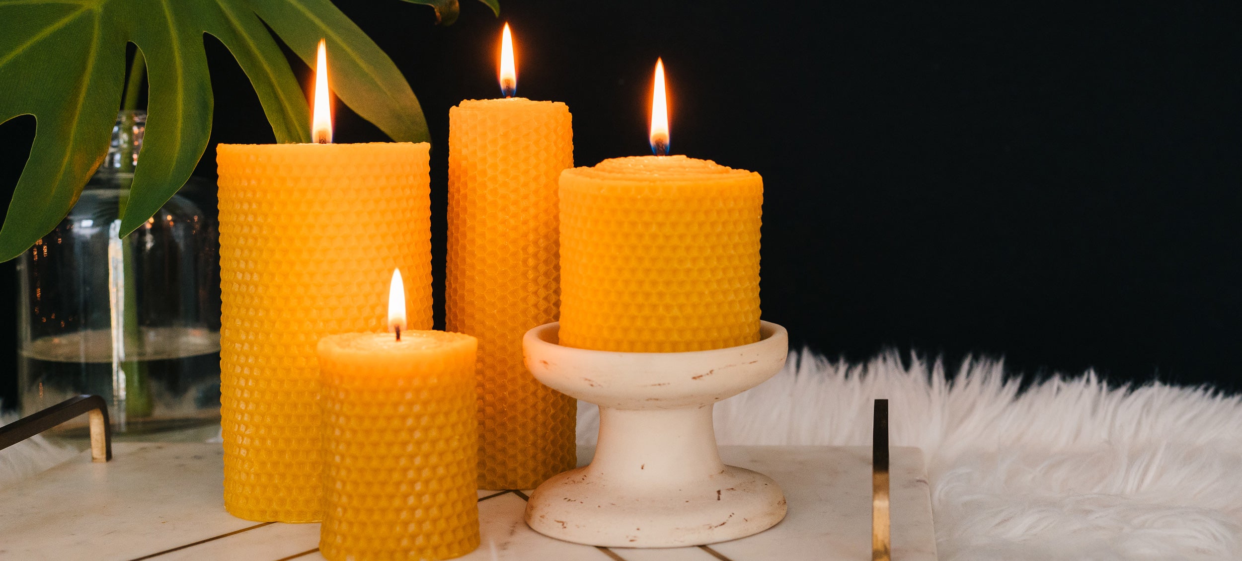 Four Sunbeam Candles Beeswax on a tray sitting on a white carpet with a plant next to them and a black background.